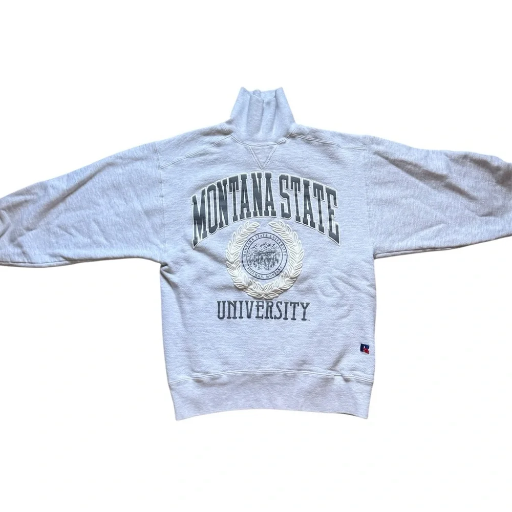 RARE VINTAGE MONTANA STATE UNIVERSITY Russell Athletic Gray HIGH Neck Sweatshirt - Picture 1 of 4